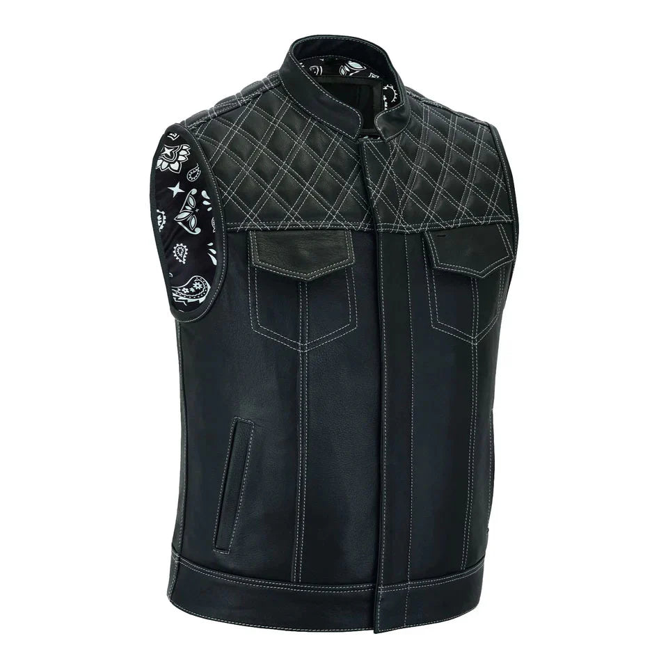 Men’s Black Leather Biker Vest with Quilted Shoulder & Paisley Lining