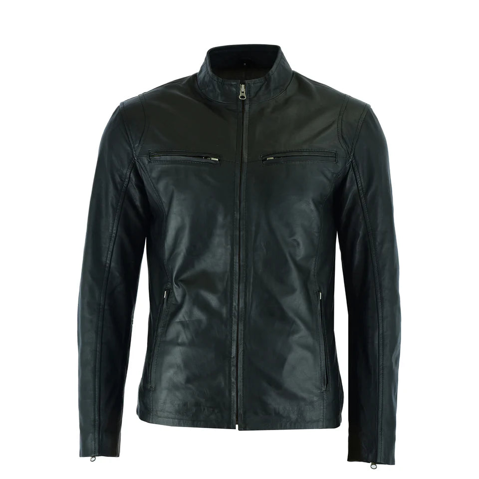 Men’s Minimalist Black Leather Jacket – Slim Fit Café Racer Moto Jacket