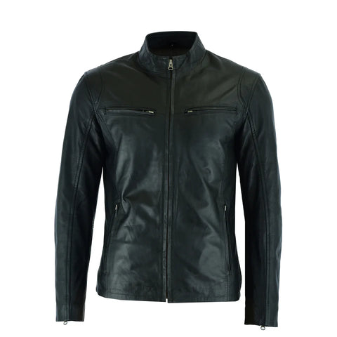 Men’s Minimalist Black Leather Jacket – Slim Fit Café Racer Moto Jacket