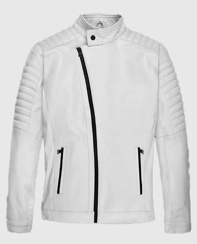 Men’s White Biker Leather Jacket – Slim Fit Asymmetrical Moto Style