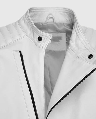 Men’s White Biker Leather Jacket – Slim Fit Asymmetrical Moto Style
