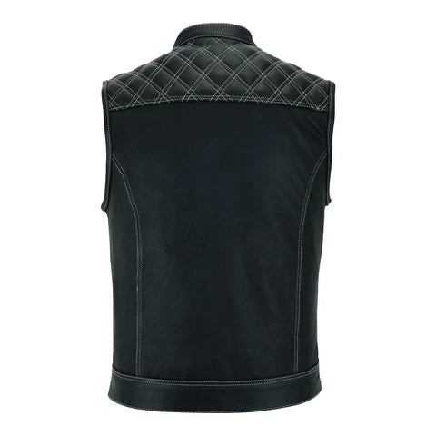 Men’s Black Leather Biker Vest with Quilted Shoulder & Paisley Lining