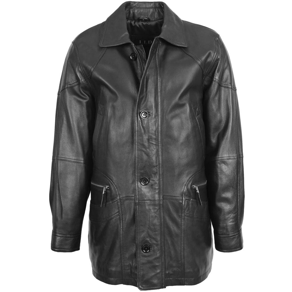 Men’s Black Long Leather Car Coat