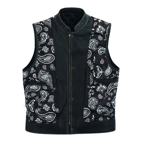 Men’s Black Leather Biker Vest with Quilted Shoulder & Paisley Lining