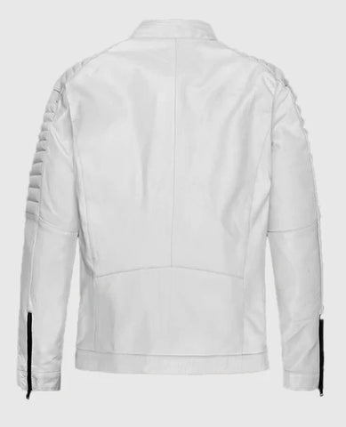 Men’s White Biker Leather Jacket – Slim Fit Asymmetrical Moto Style