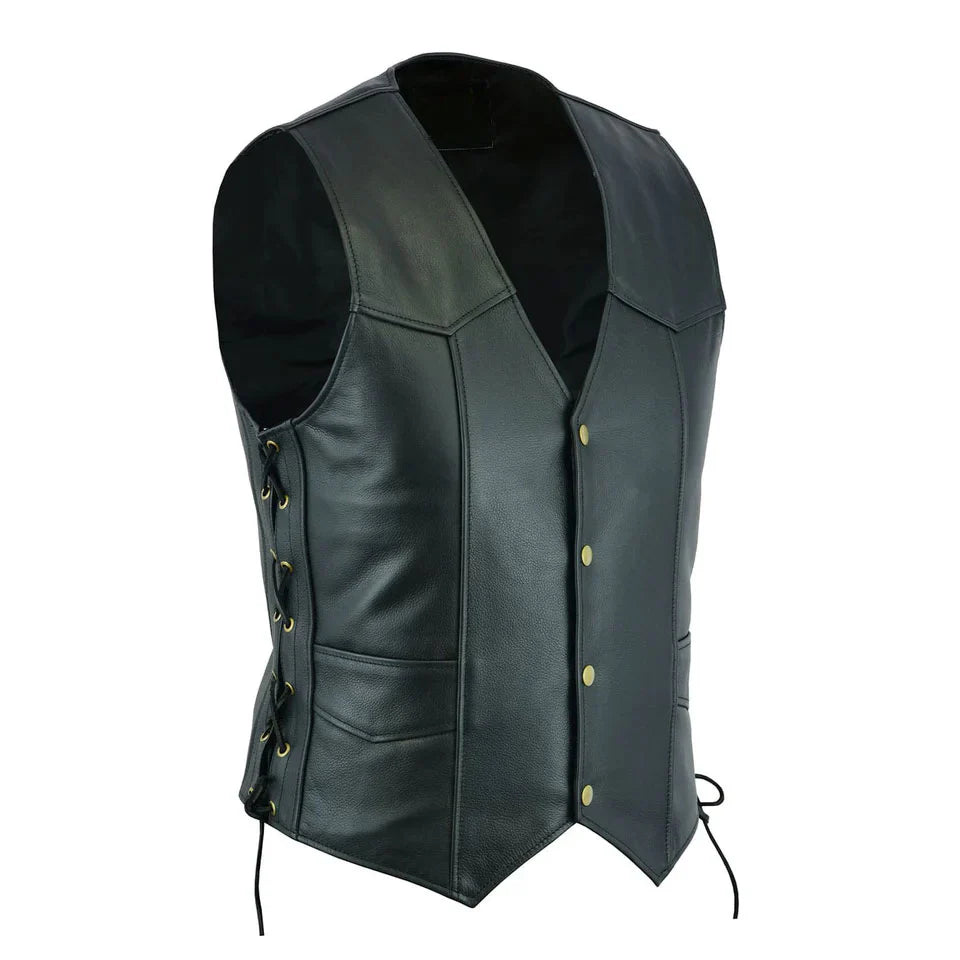 Men’s Black Leather Biker Vest with Side Laces