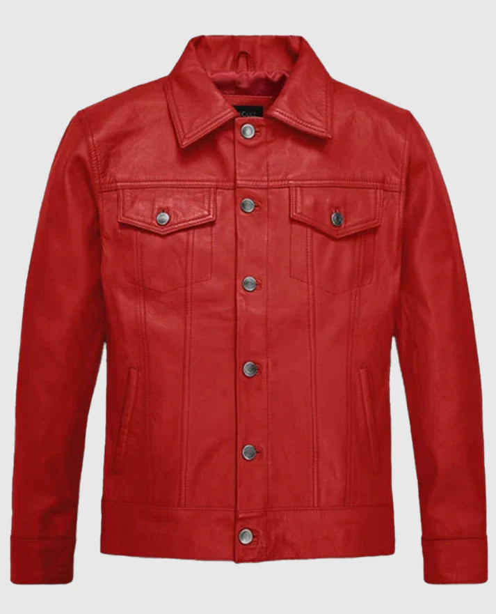 Men’s Red Leather Trucker Jacket – Classic Fit Leather Jacket