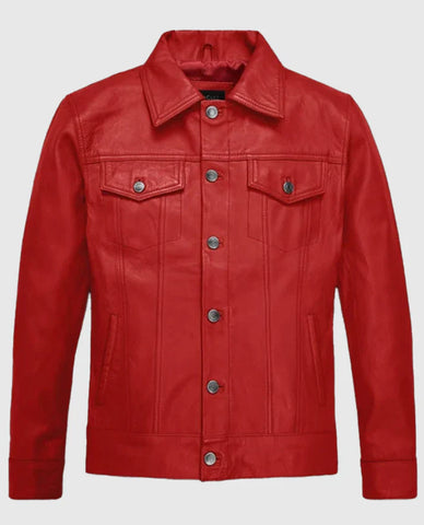 Men’s Red Leather Trucker Jacket – Classic Fit Leather Jacket