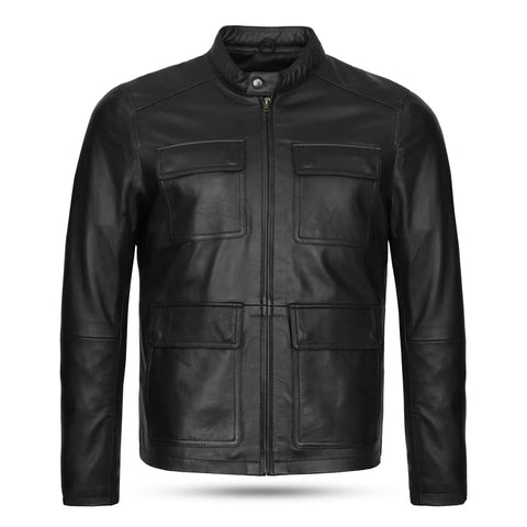 Men’s Black Utility Leather Jacket – Modern Slim Fit Moto Field Jacket