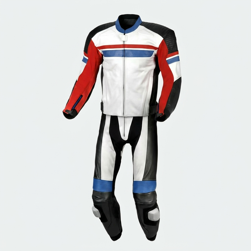 Jami 4 Moto 2pc MC Leather Motorbike Suit White/Red/Blue