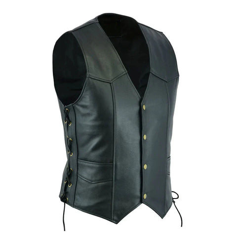 Men’s Black Leather Biker Vest with Side Laces