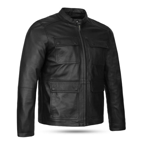 Men’s Black Utility Leather Jacket – Modern Slim Fit Moto Field Jacket