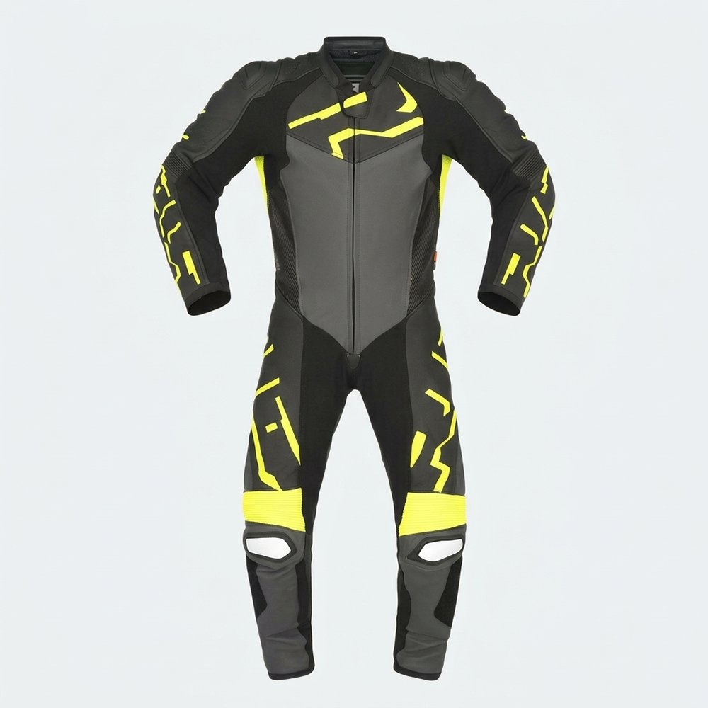 Leather Motorbike Suit One Piece MC Leather Motorcycle Suit Grey/Fluo Yellow