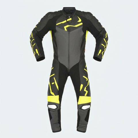 Leather Motorbike Suit One Piece MC Leather Motorcycle Suit Grey/Fluo Yellow