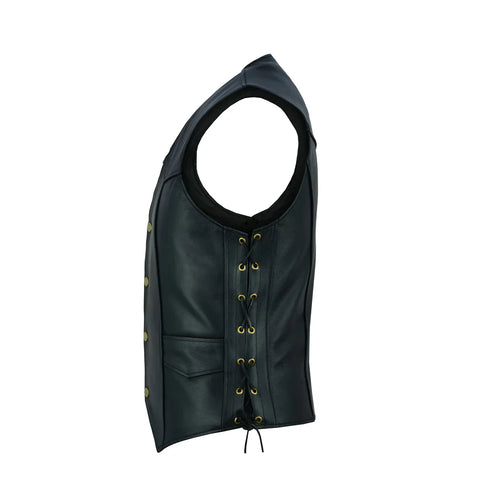 Men’s Black Leather Biker Vest with Side Laces