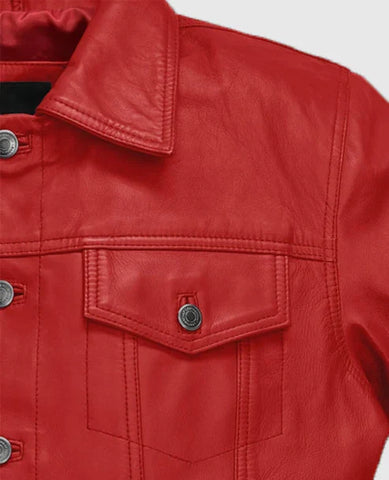 Men’s Red Leather Trucker Jacket – Classic Fit Leather Jacket
