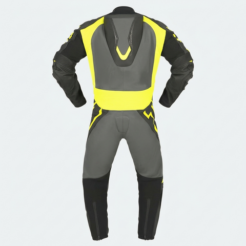 Leather Motorbike Suit One Piece MC Leather Motorcycle Suit Grey/Fluo Yellow