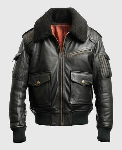 Premium Black Shearling Leather Bomber Jacket
