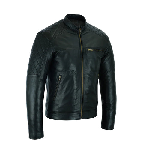 Men’s Quilted Black Leather Biker Jacket – Slim Fit Café Racer Moto Jacket