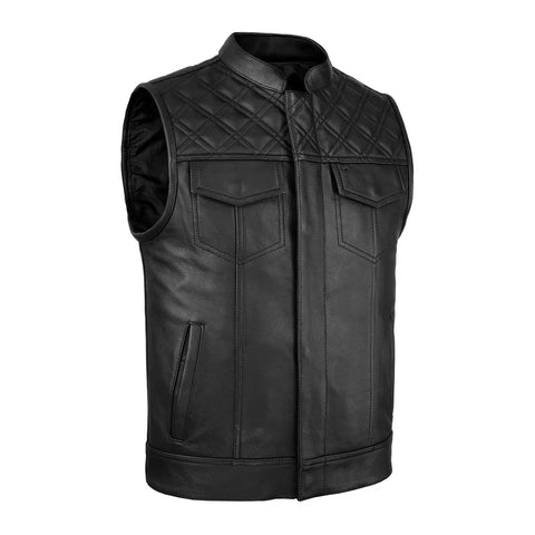 Men’s Leather Vest – Quilted Shoulder Motorcycle Leather Vest with Hidden Zip