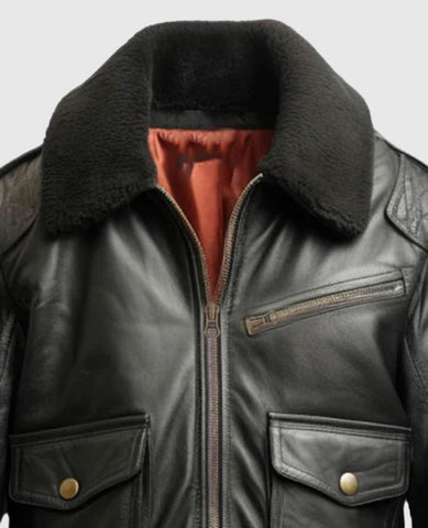 Premium Black Shearling Leather Bomber Jacket