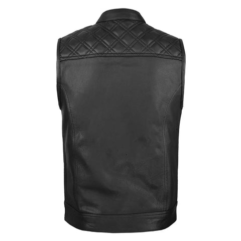 Men’s Leather Vest – Quilted Shoulder Motorcycle Leather Vest with Hidden Zip