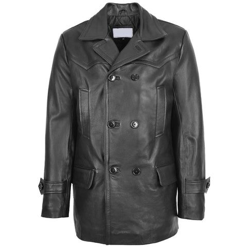 Men’s Black Long Leather Double Breasted Leather Pea coat