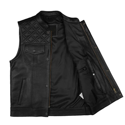 Men’s Leather Vest – Quilted Shoulder Motorcycle Leather Vest with Hidden Zip