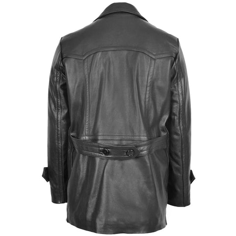Men’s Black Long Leather Double Breasted Leather Pea coat