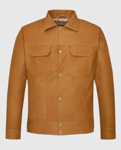 Men’s Genuine Leather Trucker Jacket – Tan Button-Up Classic Fit