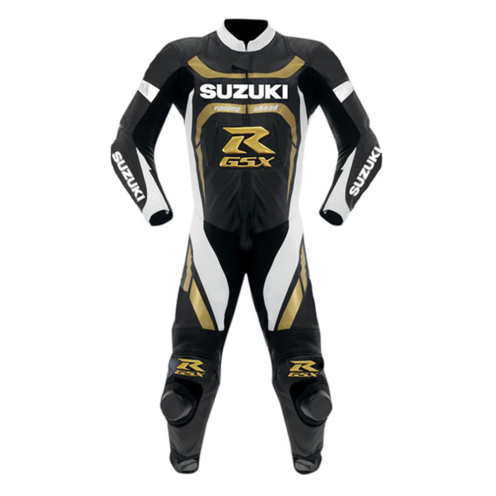 SUZUKI GSXR MOTORCYCLE LEATHER RACING SUIT Black &amp; Gold Motorbike Suit Leather Racing Suit