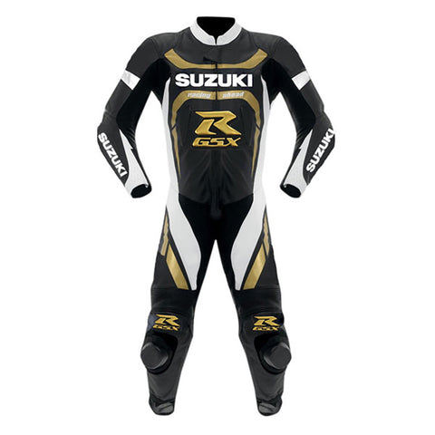 SUZUKI GSXR MOTORCYCLE LEATHER RACING SUIT Black &amp; Gold Motorbike Suit Leather Racing Suit