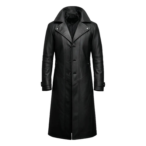 Men’s Black Long Leather Trench Coat