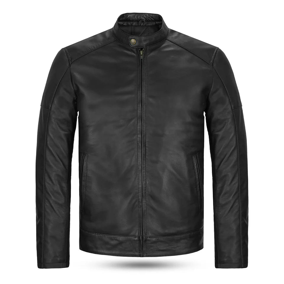 Men’s Classic Black Cafe Racer Leather Jacket – Slim Fit Motorcycle Biker Leather Jacket