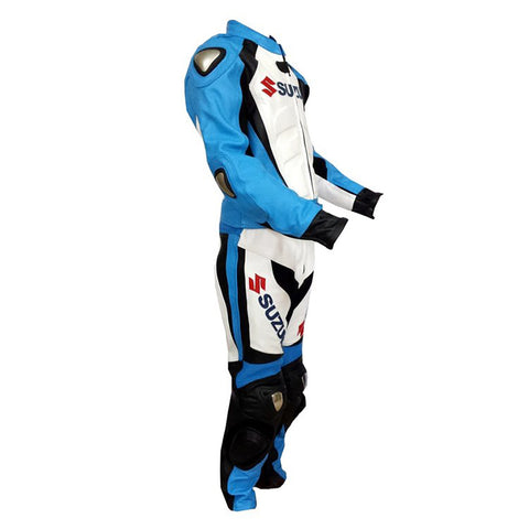 Sky Blue & White Leather Motorcycle Racing Suit Full Body Armor Leather Motorbike suit