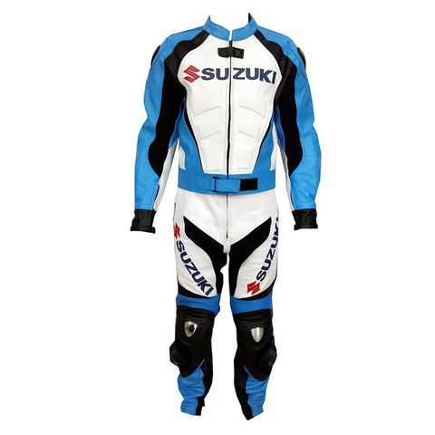 Sky Blue & White Leather Motorcycle Racing Suit Full Body Armor Leather Motorbike suit