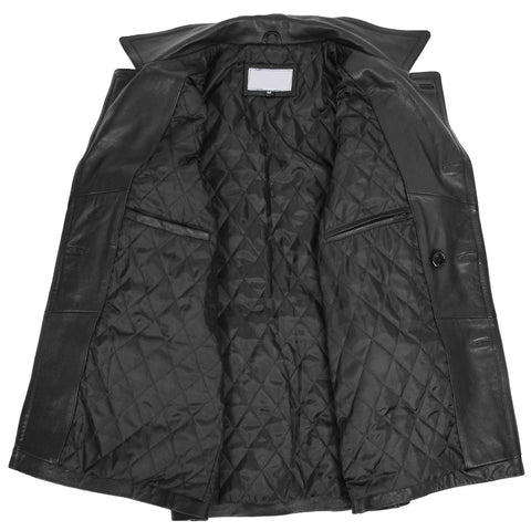 Men’s Black Long Leather Double Breasted Leather Pea coat