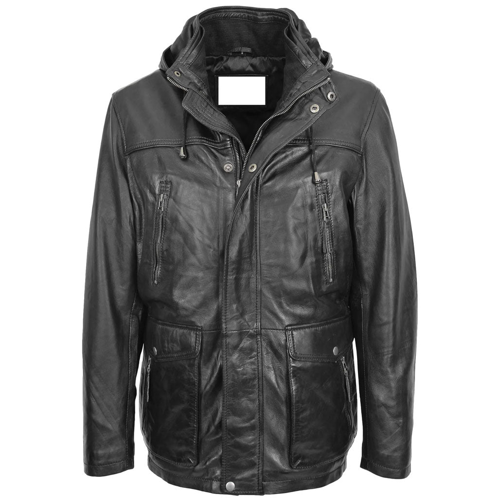 Men’s Detachable Hoodie Black Leather Coat