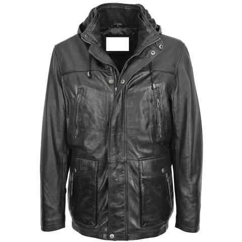 Men’s Detachable Hoodie Black Leather Coat