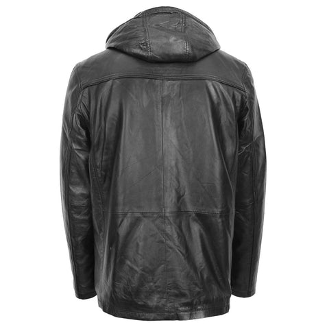 Men’s Detachable Hoodie Black Leather Coat