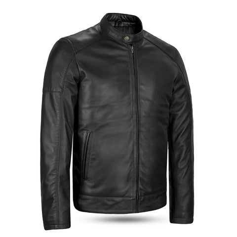 Men’s Classic Black Cafe Racer Leather Jacket – Slim Fit Motorcycle Biker Leather Jacket