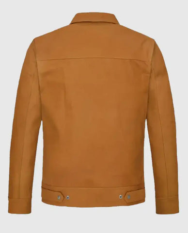 Men’s Genuine Leather Trucker Jacket – Tan Button-Up Classic Fit