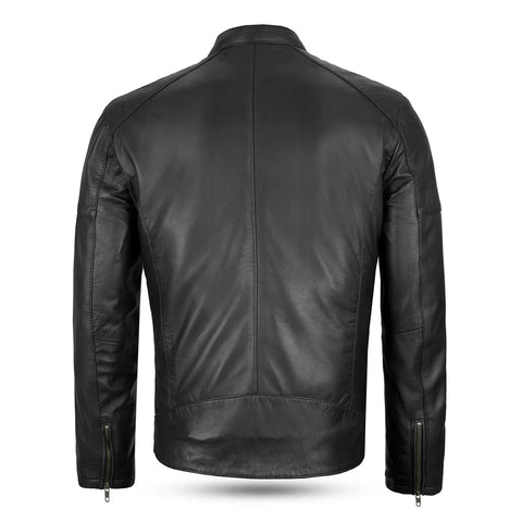Men’s Classic Black Cafe Racer Leather Jacket – Slim Fit Motorcycle Biker Leather Jacket