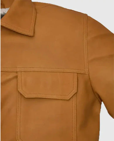 Men’s Genuine Leather Trucker Jacket – Tan Button-Up Classic Fit