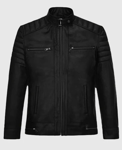 Men’s Black Biker Leather Jacket – Slim Fit Style with Quilted Panels