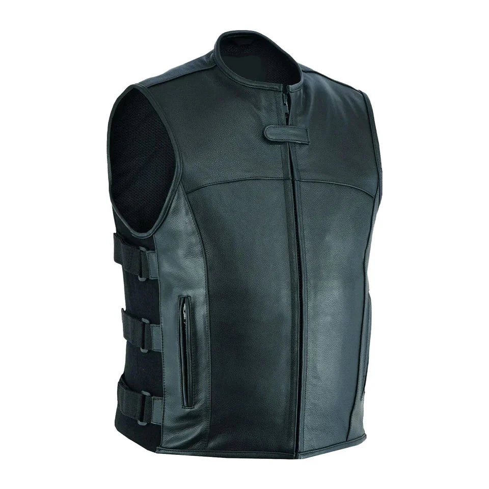 Men’s Black Leather  Vest – Zip Front Biker Vest with Adjustable Side Straps