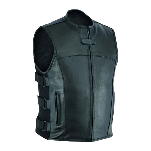 Men’s Black Leather  Vest – Zip Front Biker Vest with Adjustable Side Straps