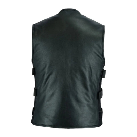 Men’s Black Leather  Vest – Zip Front Biker Vest with Adjustable Side Straps