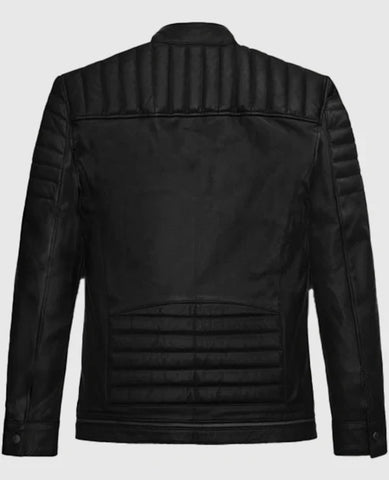 Men’s Black Biker Leather Jacket – Slim Fit Style with Quilted Panels