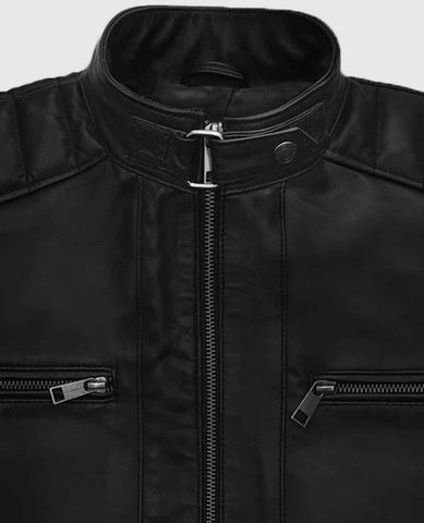 Men’s Black Biker Leather Jacket – Slim Fit Style with Quilted Panels